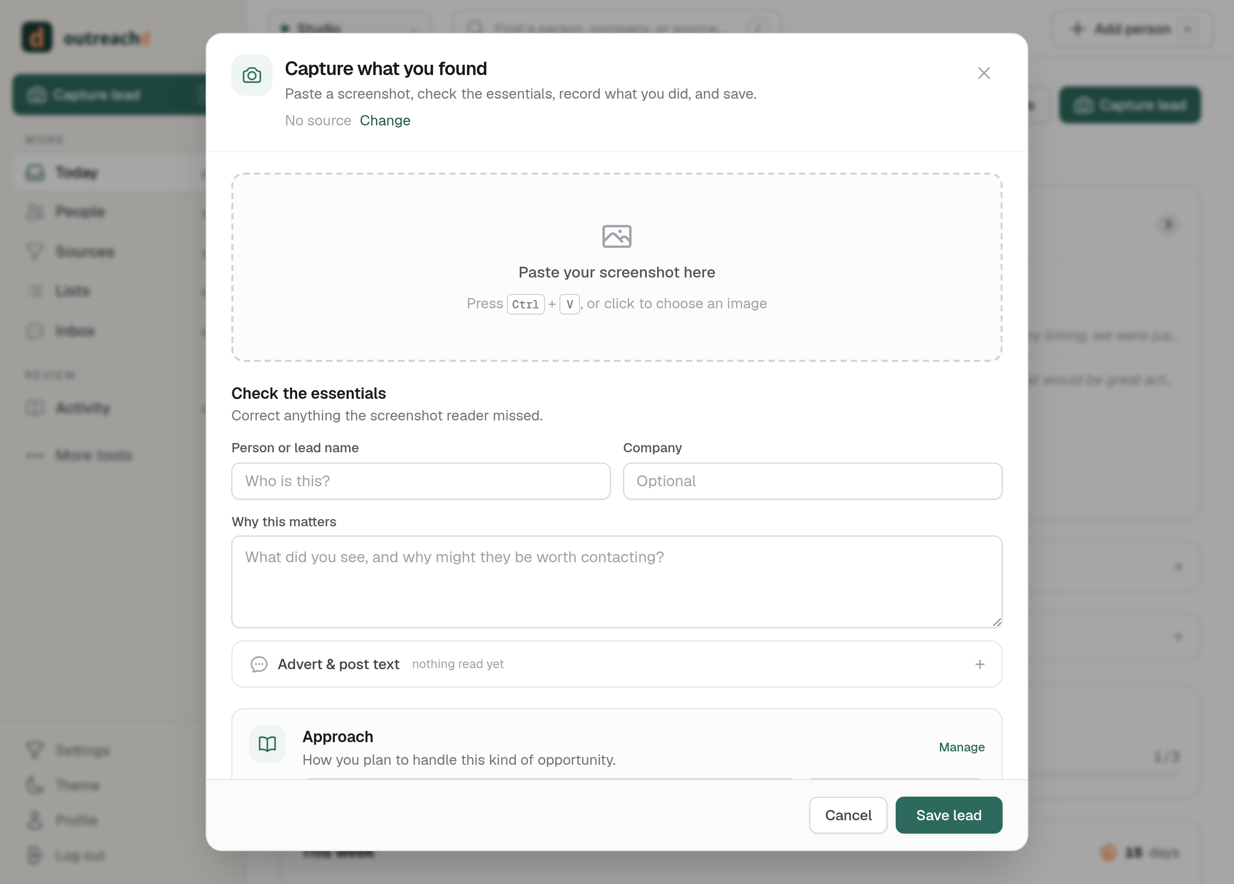The capture dialog: paste a screenshot, check the extracted essentials, record what you did.